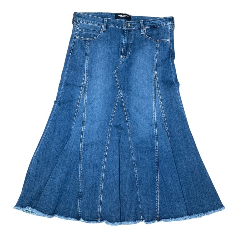 Liverpool Los Angeles Multi Panel Fray Hem Denim Skirt in Darwin Sz: 14 - Picture 5 of 16